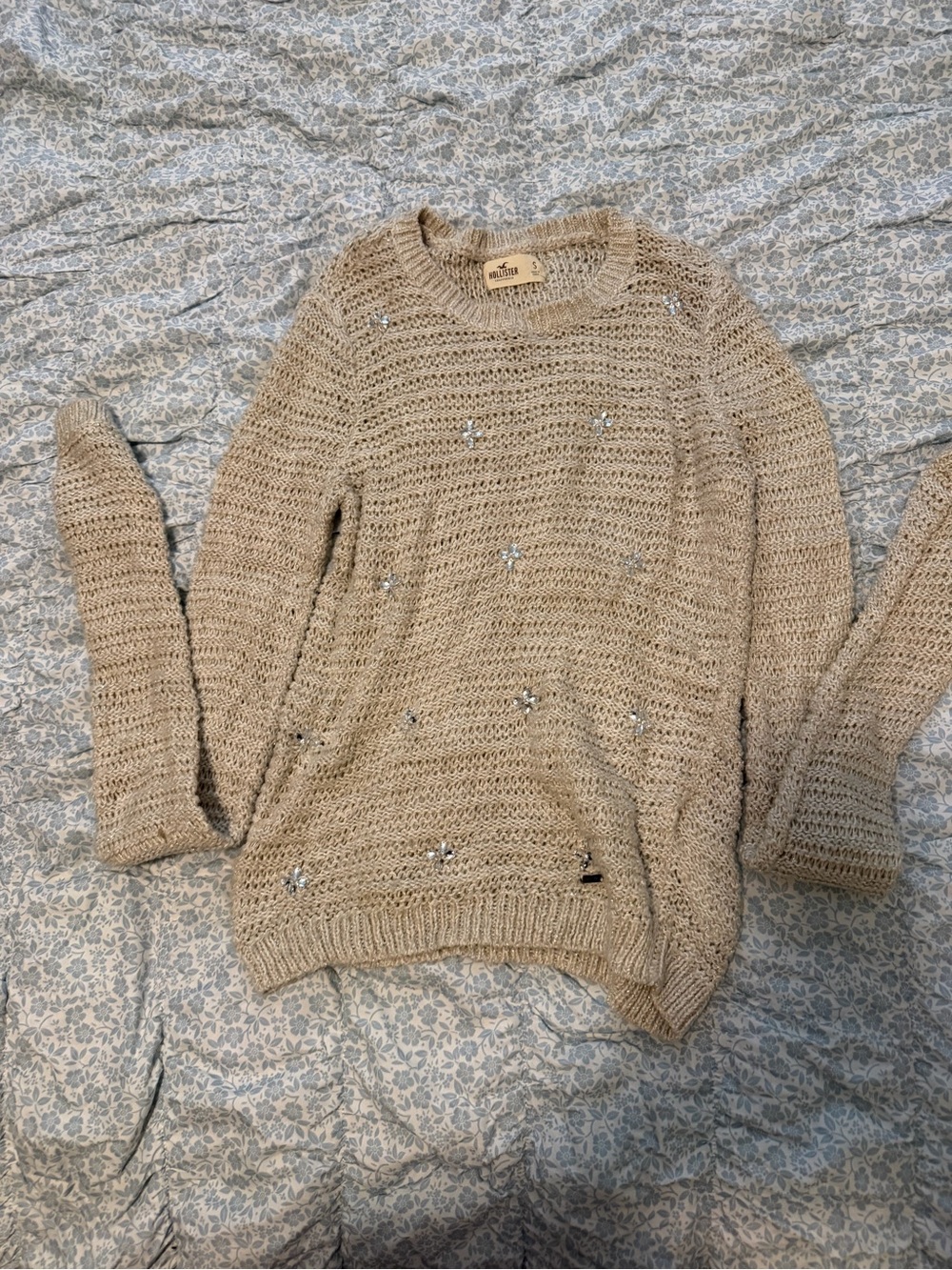 Hollister Women's Beige Open-Knit Sweater with Embellishments